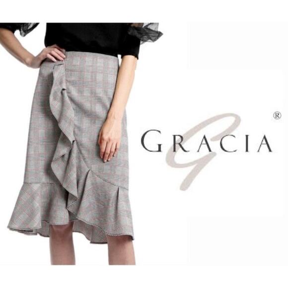 Gracia Skirt Sz L Knee Length Black White Plaid Ruffle Flounce Hem - Picture 14 of 14